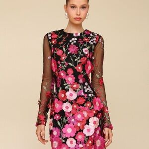 Avec Les Filles Black Dress with Pink Floral Embroidery